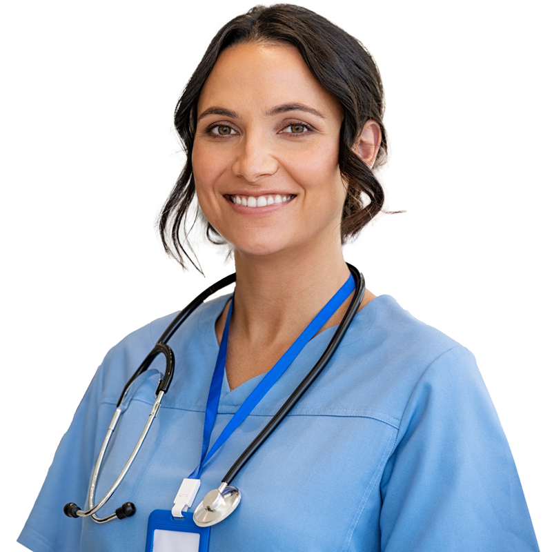A happy female nurse with a stethoscope